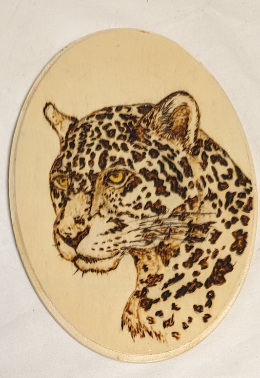 Art Hand Pyrography on Oval wood " Leopard Face" Credited and Autographed