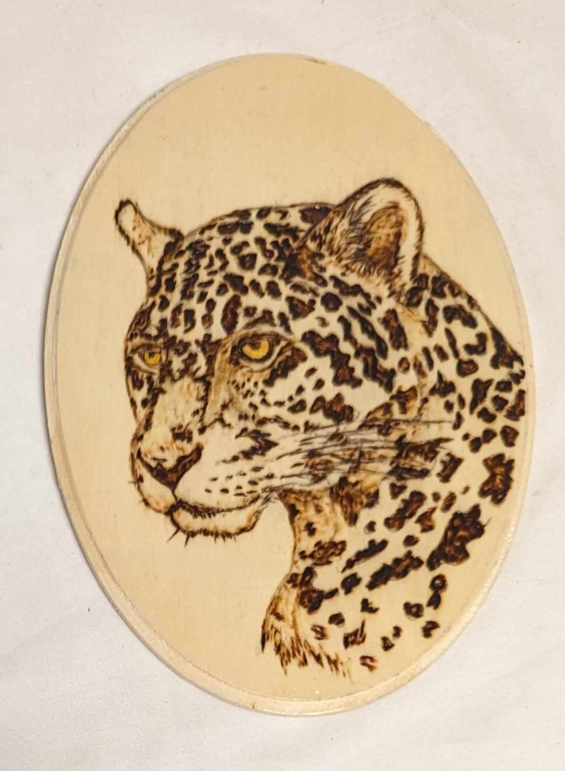 Art Hand Pyrography on Oval wood " Leopard Face" Credited and Autographed