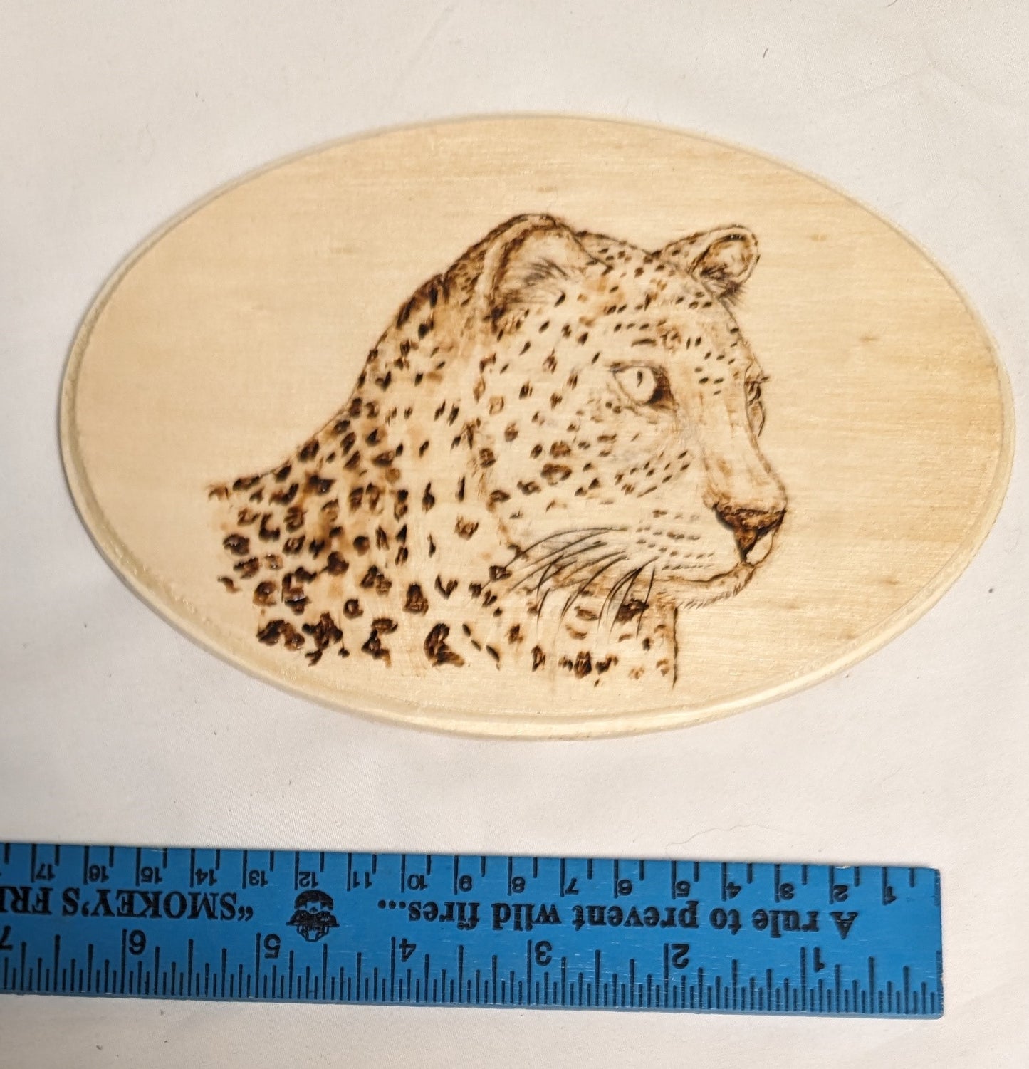Art Hand Pyrography on Oval Wood " Leopard Face"