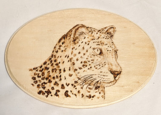 Art Hand Pyrography on Oval Wood " Leopard Face"