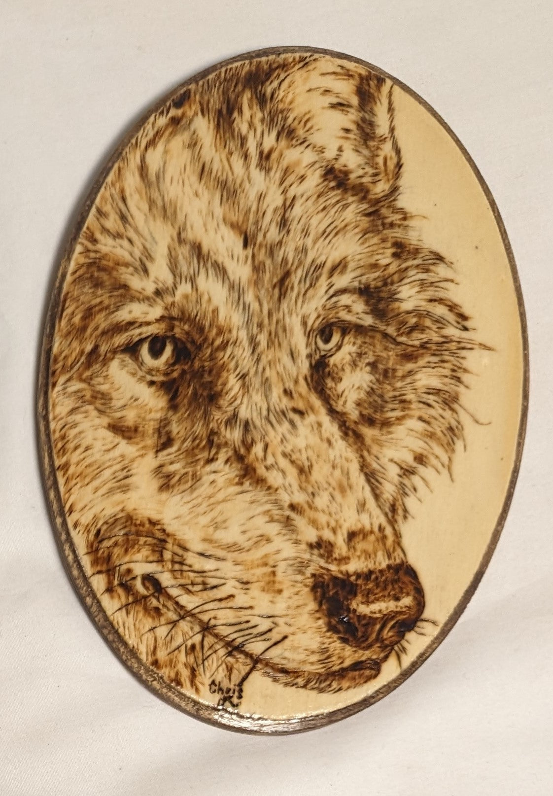 Art Handmade on Oval Wood " Gray Wolf Face" Credited and signed