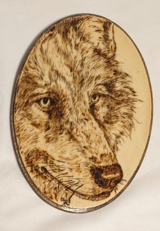 Art Handmade on Oval Wood " Gray Wolf Face" Credited and signed
