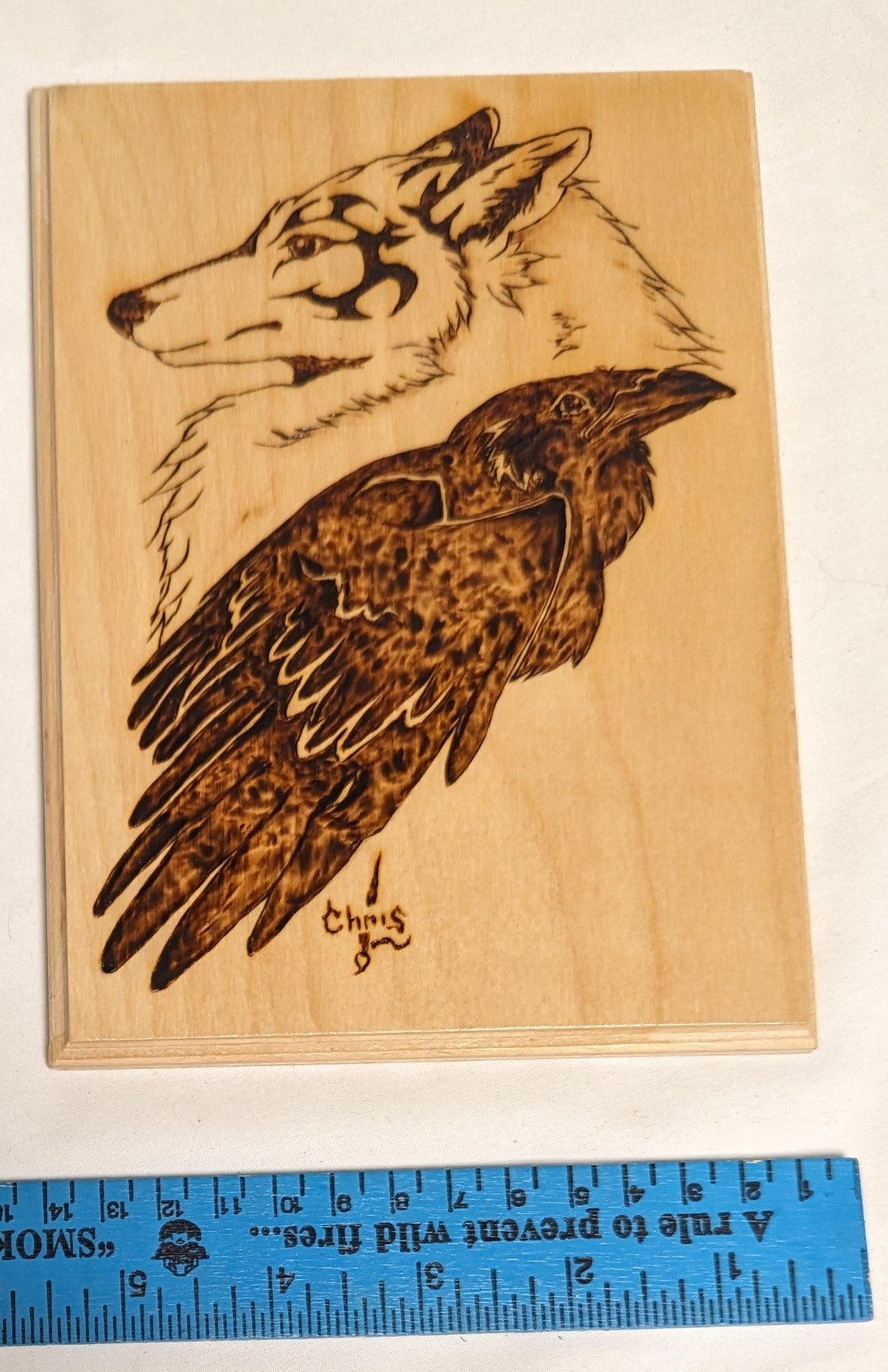 Art Handmade Pyrography on wood " Raven Wolf" Credited and signed
