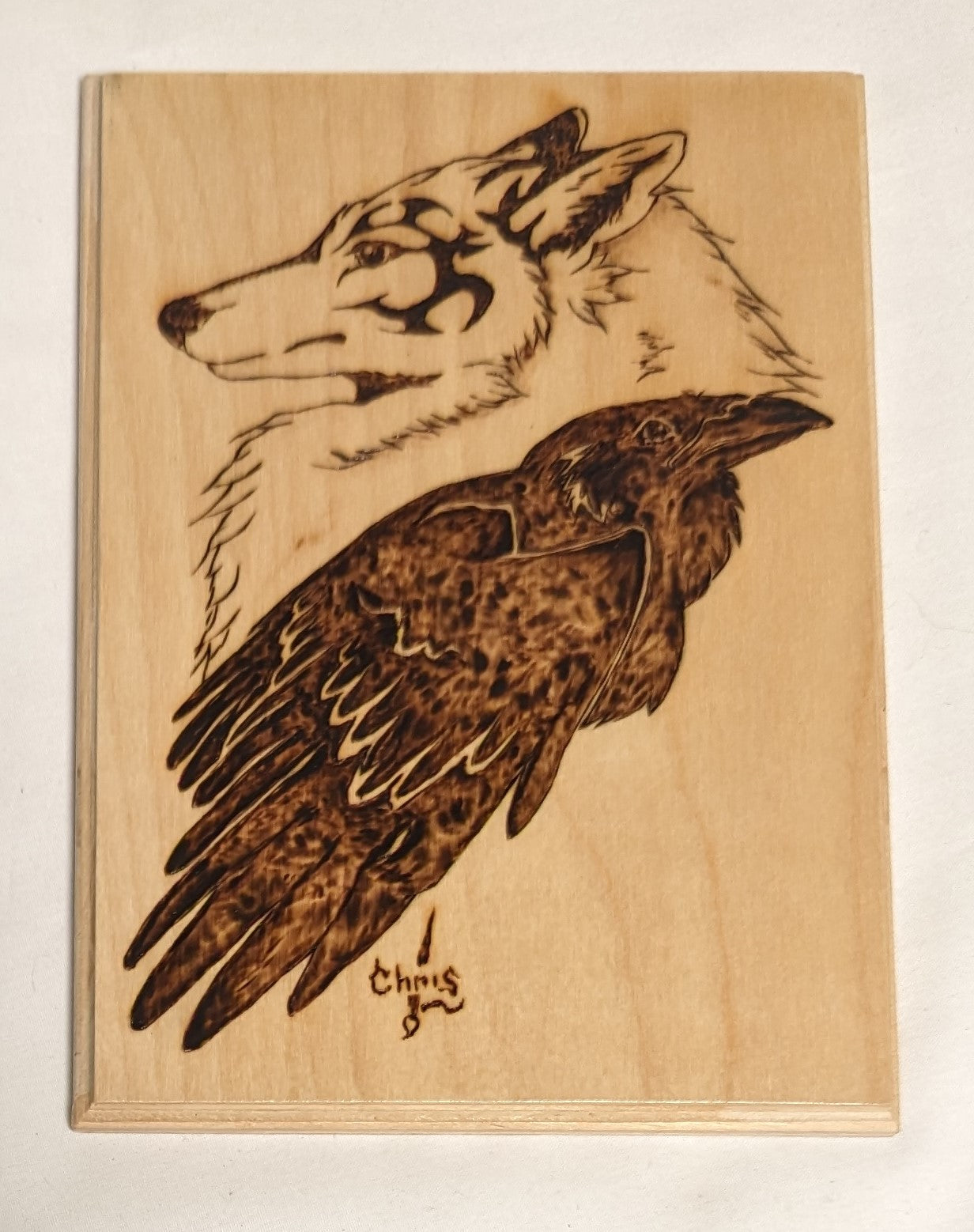 Art Handmade Pyrography on wood " Raven Wolf" Credited and signed