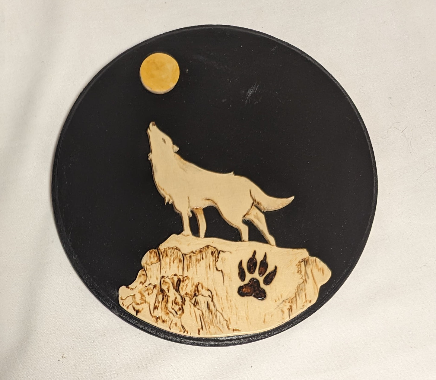 Art Handmade Pyrography ScrollSaw cutout Layered " Wolf Howling at the moon"
