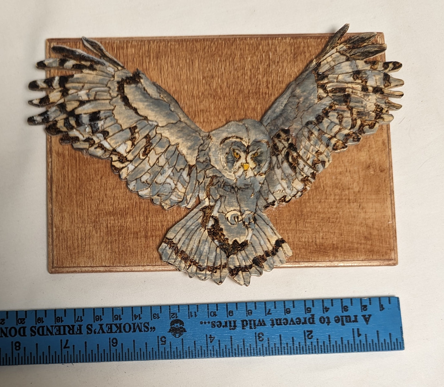Art Handmade Pyrography Scroll Work Color filled layed on wood " Grey Owl Flying"