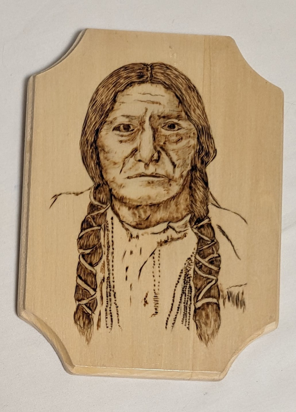 Art Pyrography on wood Native American Portrait "Sitting Bull" Autographed