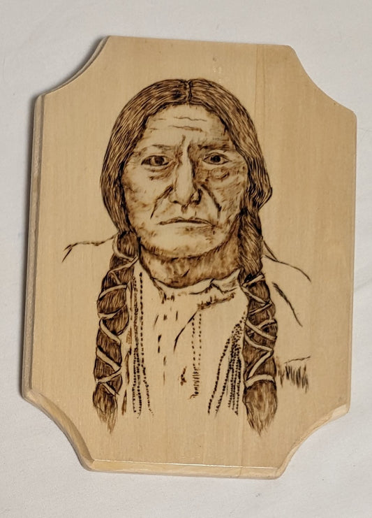 Art Pyrography on wood Native American Portrait "Sitting Bull" Autographed