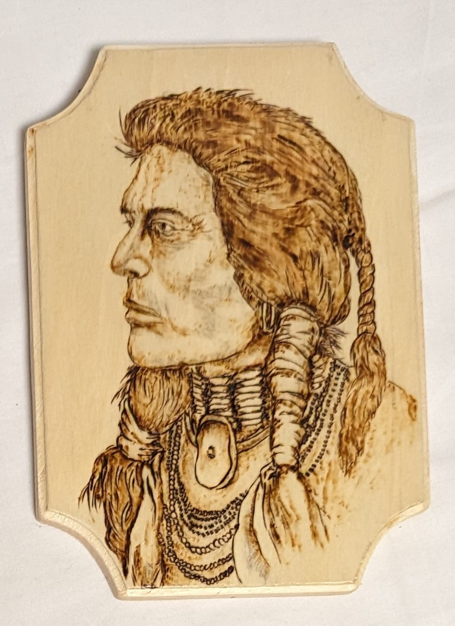 Art Pyrography on wood Native American Portrait Credited and Autographed