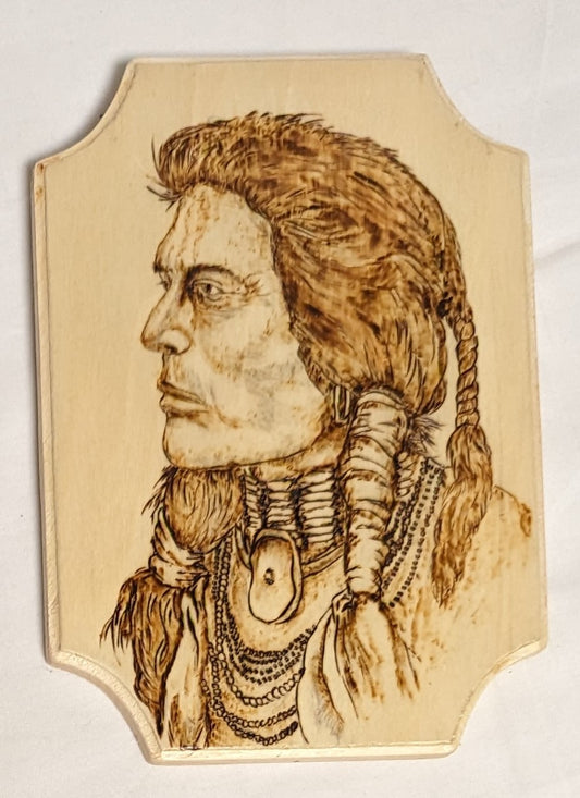 Art Pyrography on wood Native American Portrait Credited and Autographed