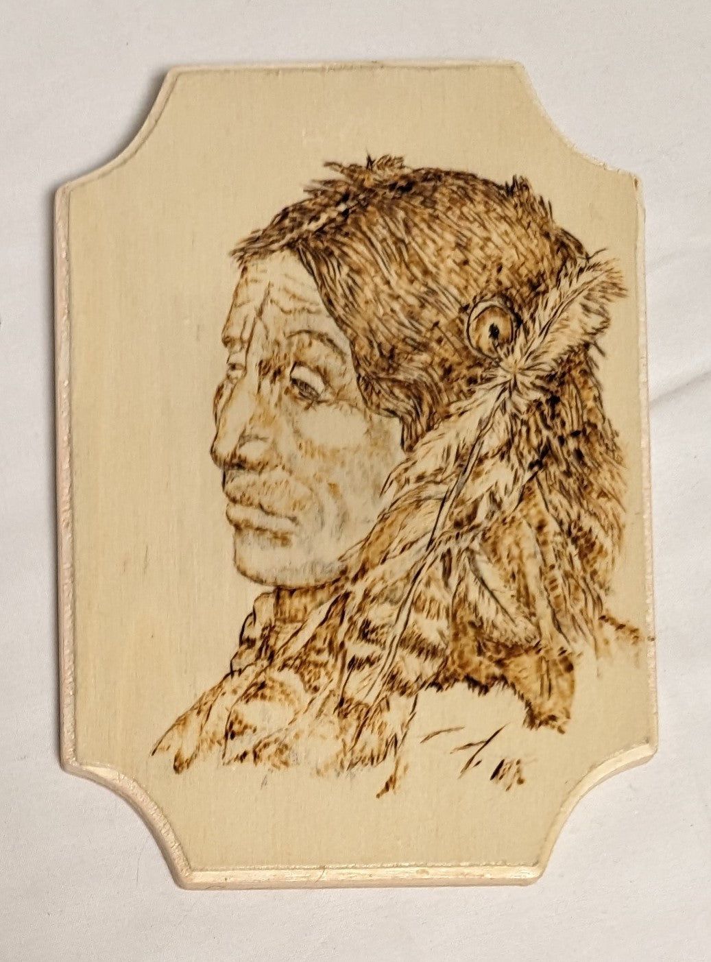 Art Pyrography on wood Native American Portrait  " The Skeptic" Credited and Autographed