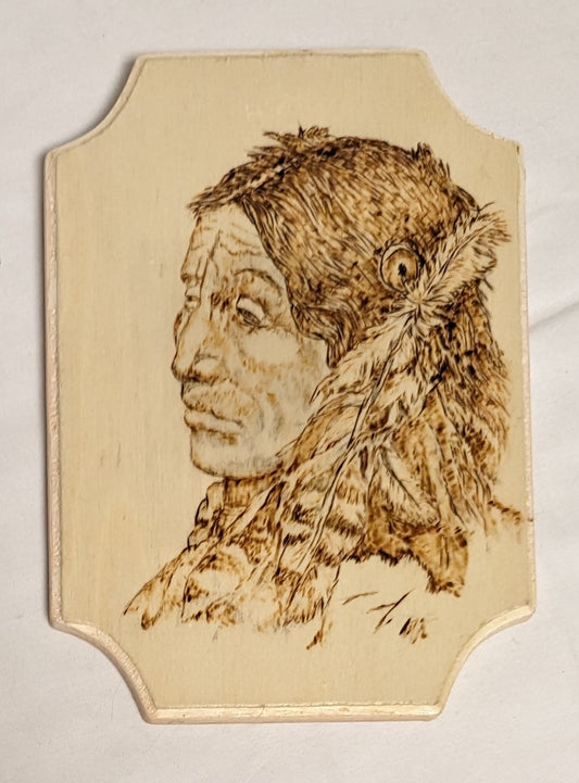 Art Pyrography on wood Native American Portrait  " The Skeptic" Credited and Autographed