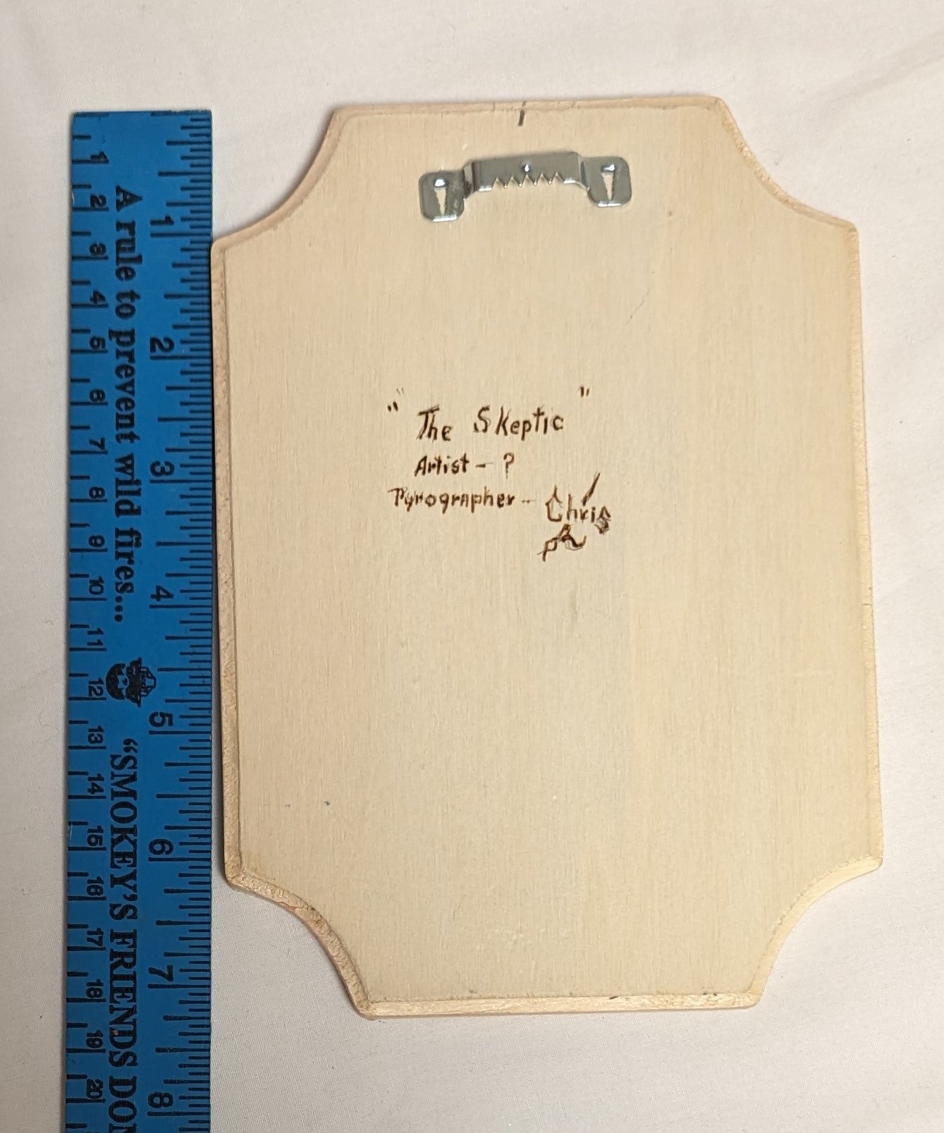 Art Pyrography on wood Native American Portrait  " The Skeptic" Credited and Autographed