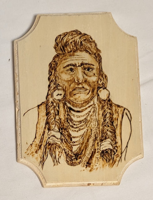 Art Pyrography on wood Native American Portrait  " Cheif Joseph" Credited and Autographed