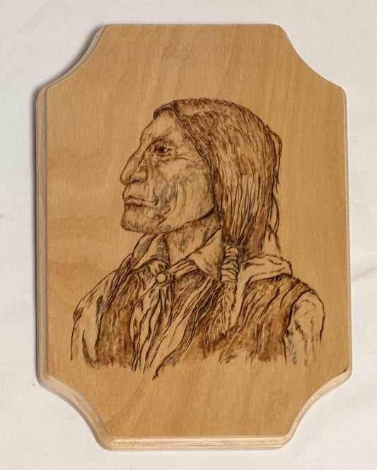 Art Pyrography on wood Native American Portrait  " Wolfrobe" Credited and Autographed