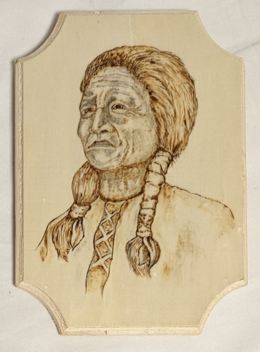Art Pyrography on wood Native American Portrait  Autographed