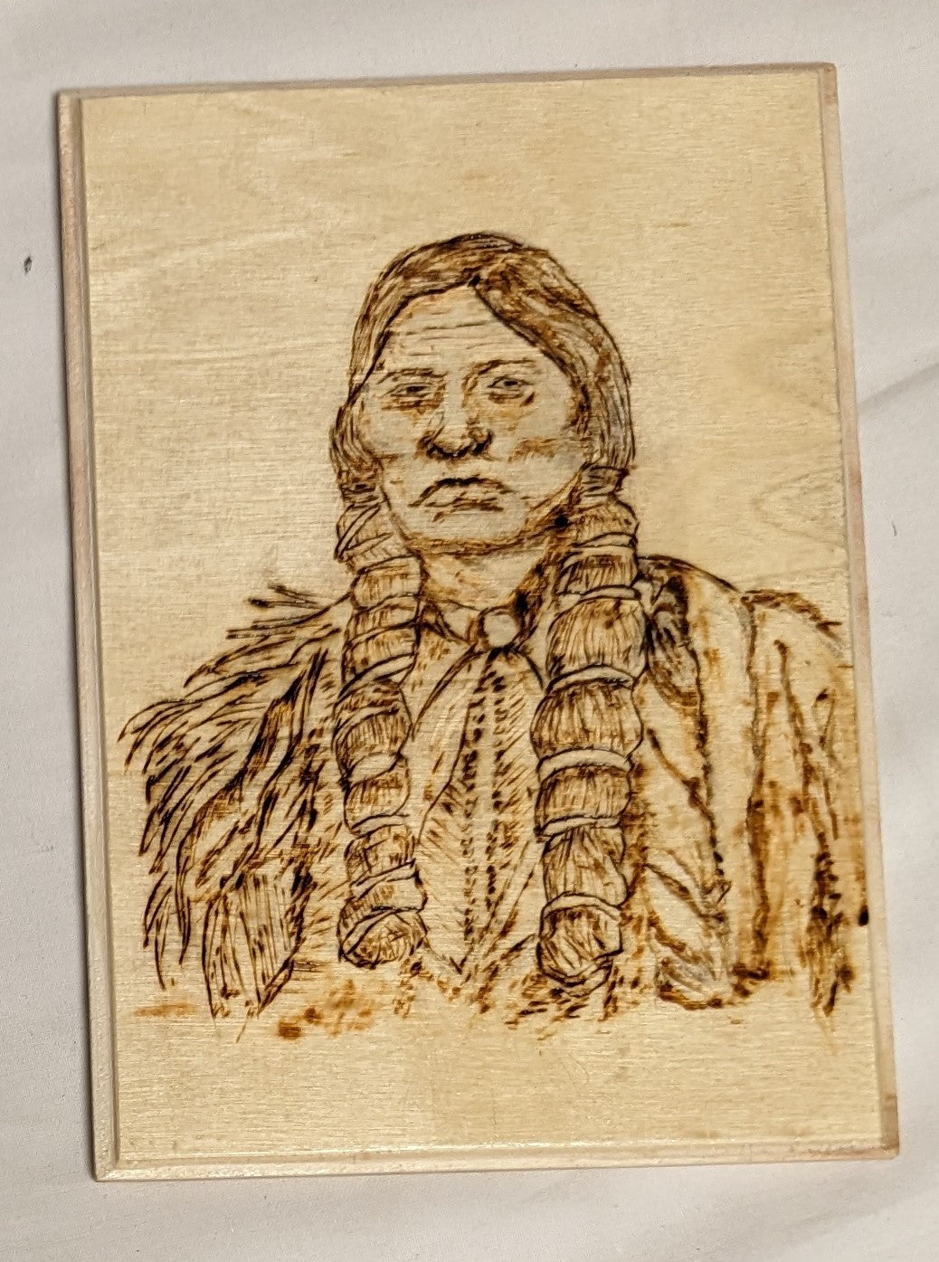 Art Pyrography on wood Native American Portrait  "Quanah Parker Comanche " Credited and Autographed