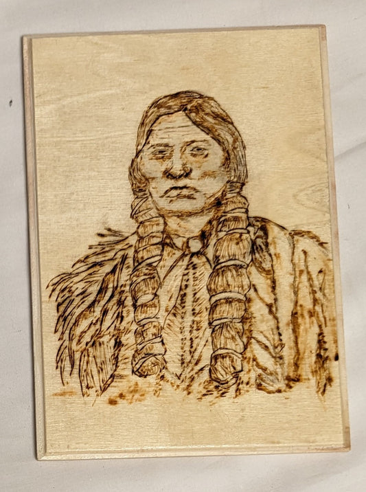 Art Pyrography on wood Native American Portrait  "Quanah Parker Comanche " Credited and Autographed
