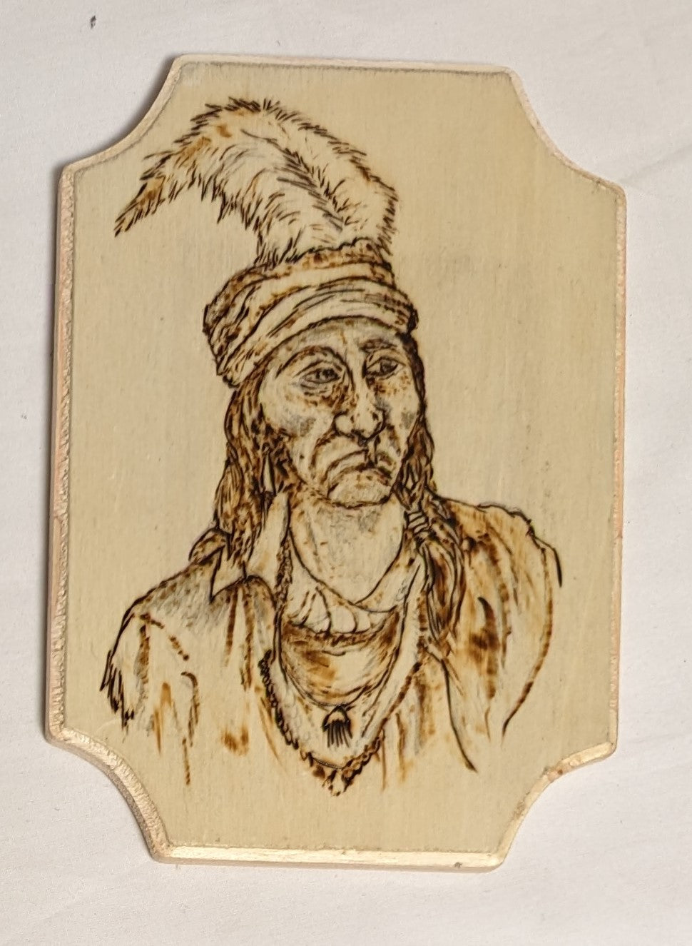 Art Pyrography on wood Native American Portrait  "Tecumseh " Credited and Autographed