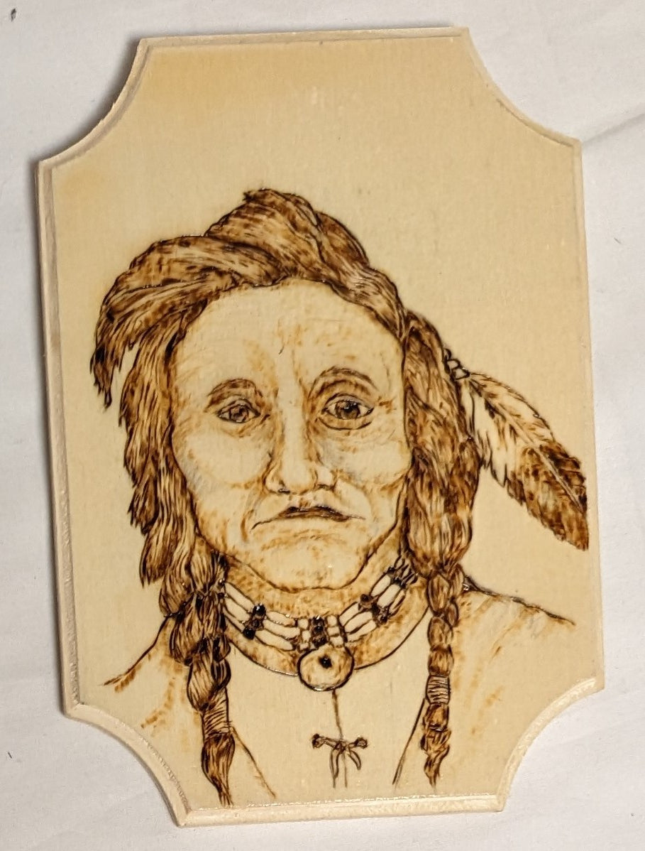 Art Pyrography on wood Native American Portrait  "Native" Credited and Autographed