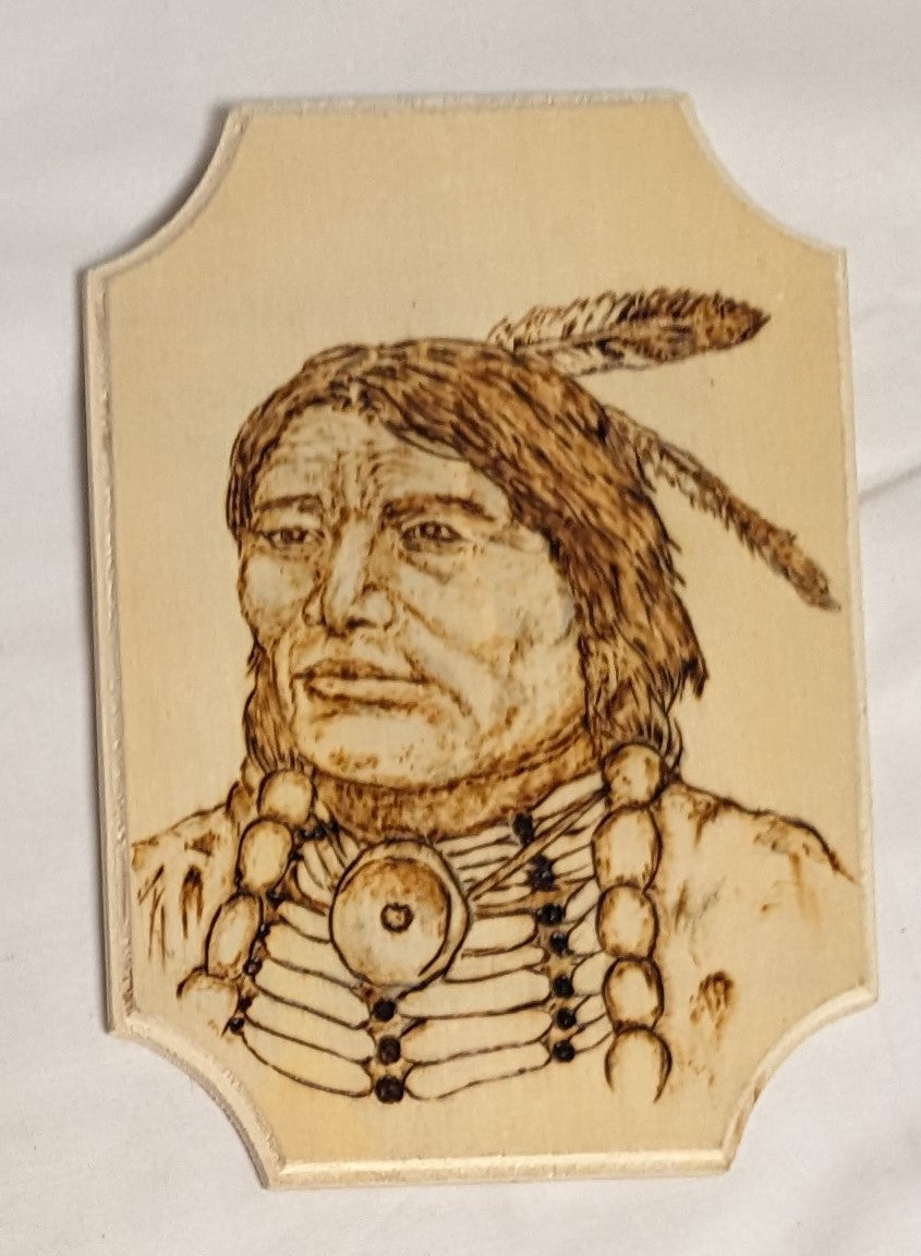 Art Pyrography on wood Native American Portrait " Credited and Autographed