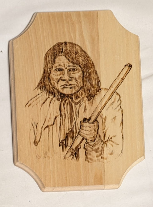 Art Pyrography on wood Native American Portrait "Geronimo" Credited and Autographed