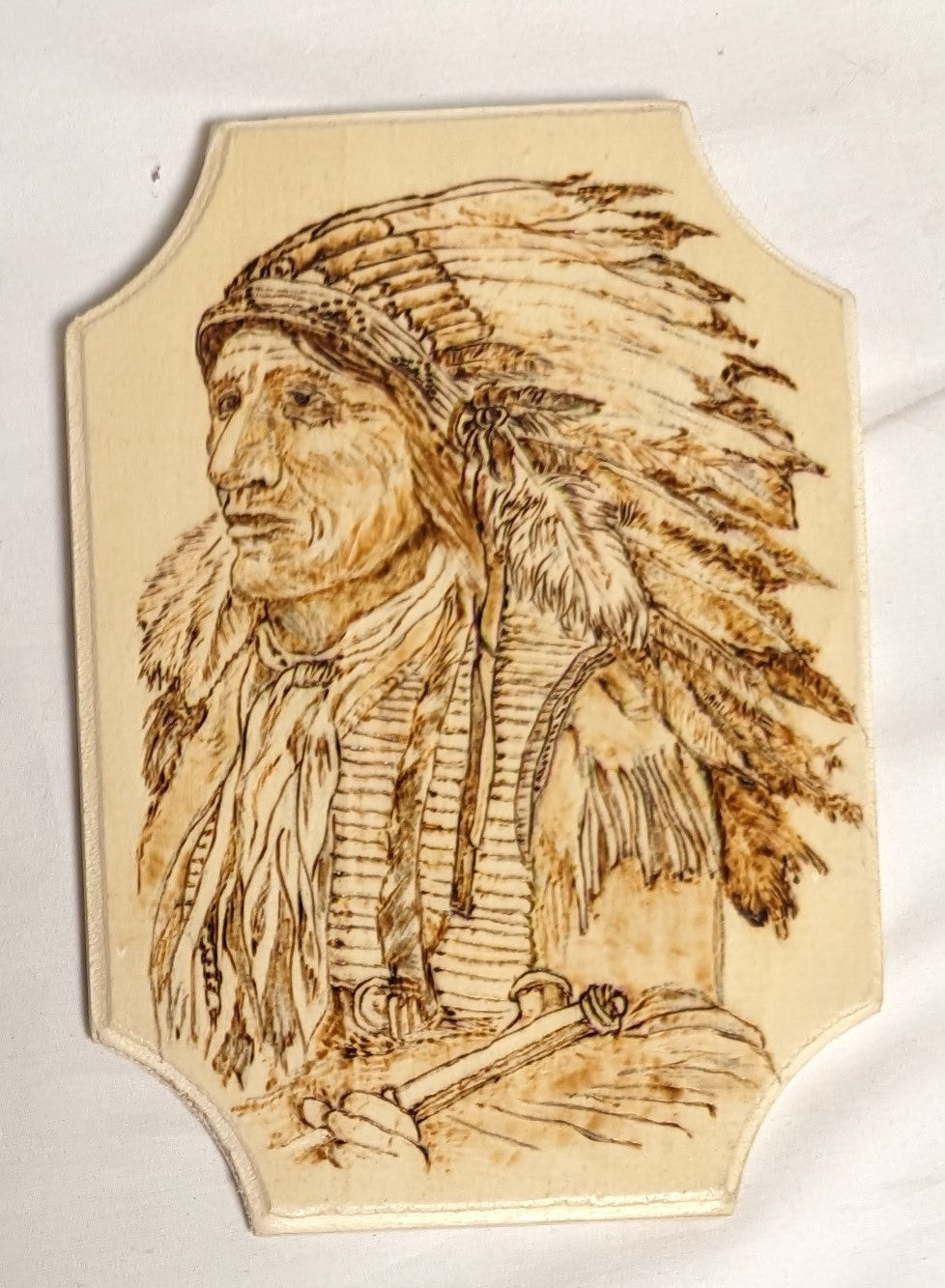 Art Pyrography on wood Native American Portrait "Black Bear" Credited and Autographed