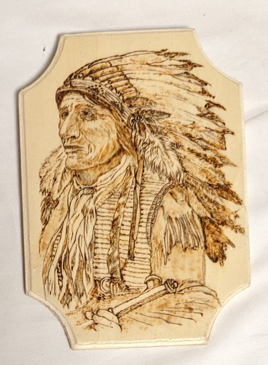 Art Pyrography on wood Native American Portrait "Black Bear" Credited and Autographed