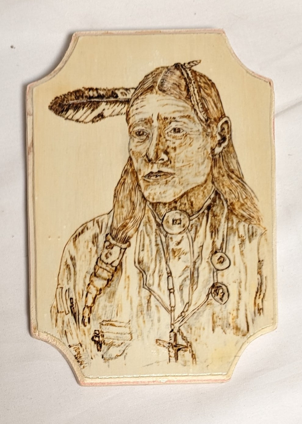Art Pyrography on wood Native American Portrait "Little Bird" Credited and Autographed
