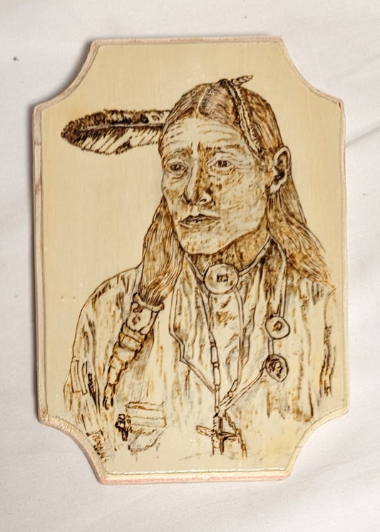 Art Pyrography on wood Native American Portrait "Little Bird" Credited and Autographed