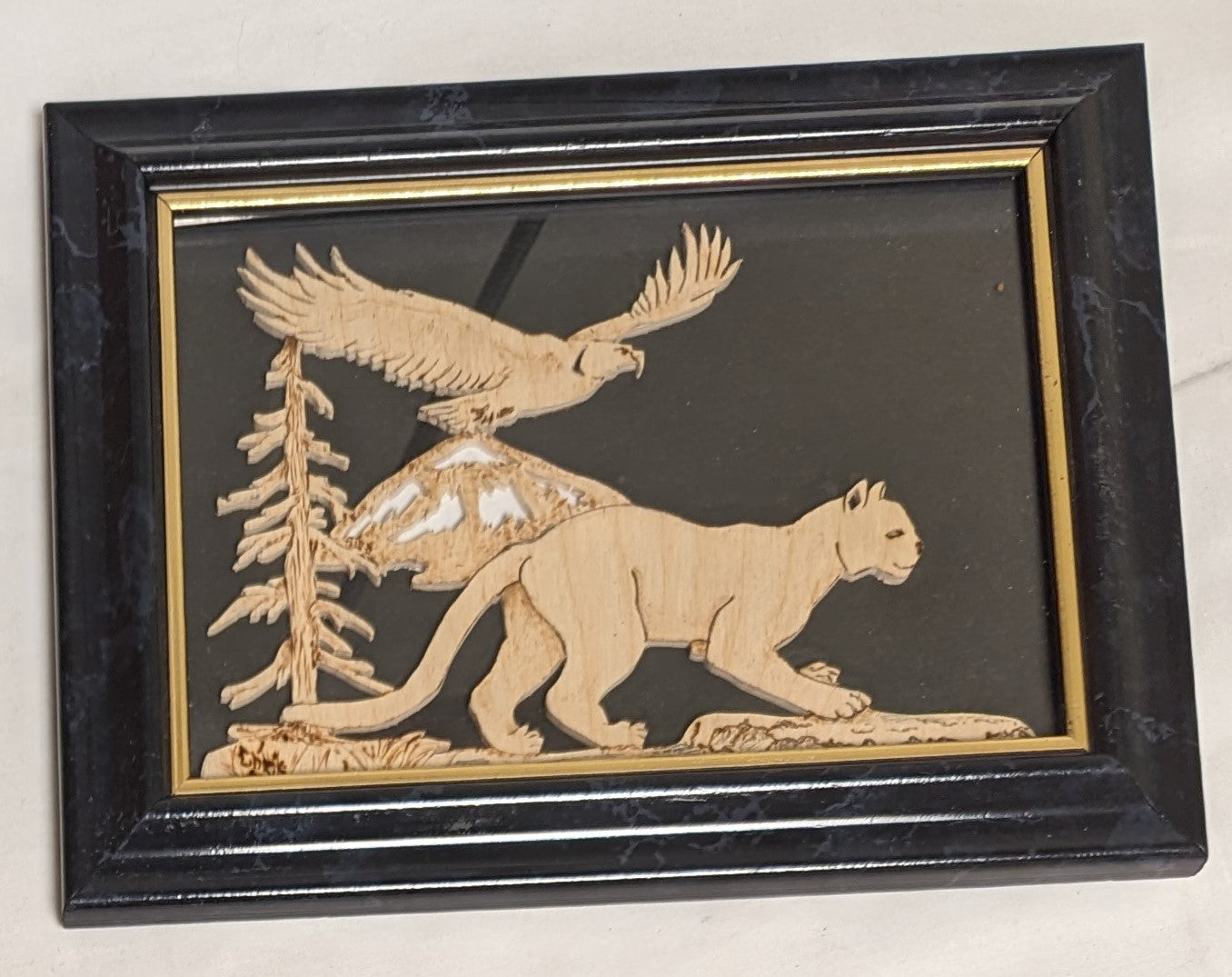 Art Pyrography and Scroll Saw on wood Moutain Lion and Eagle in frame