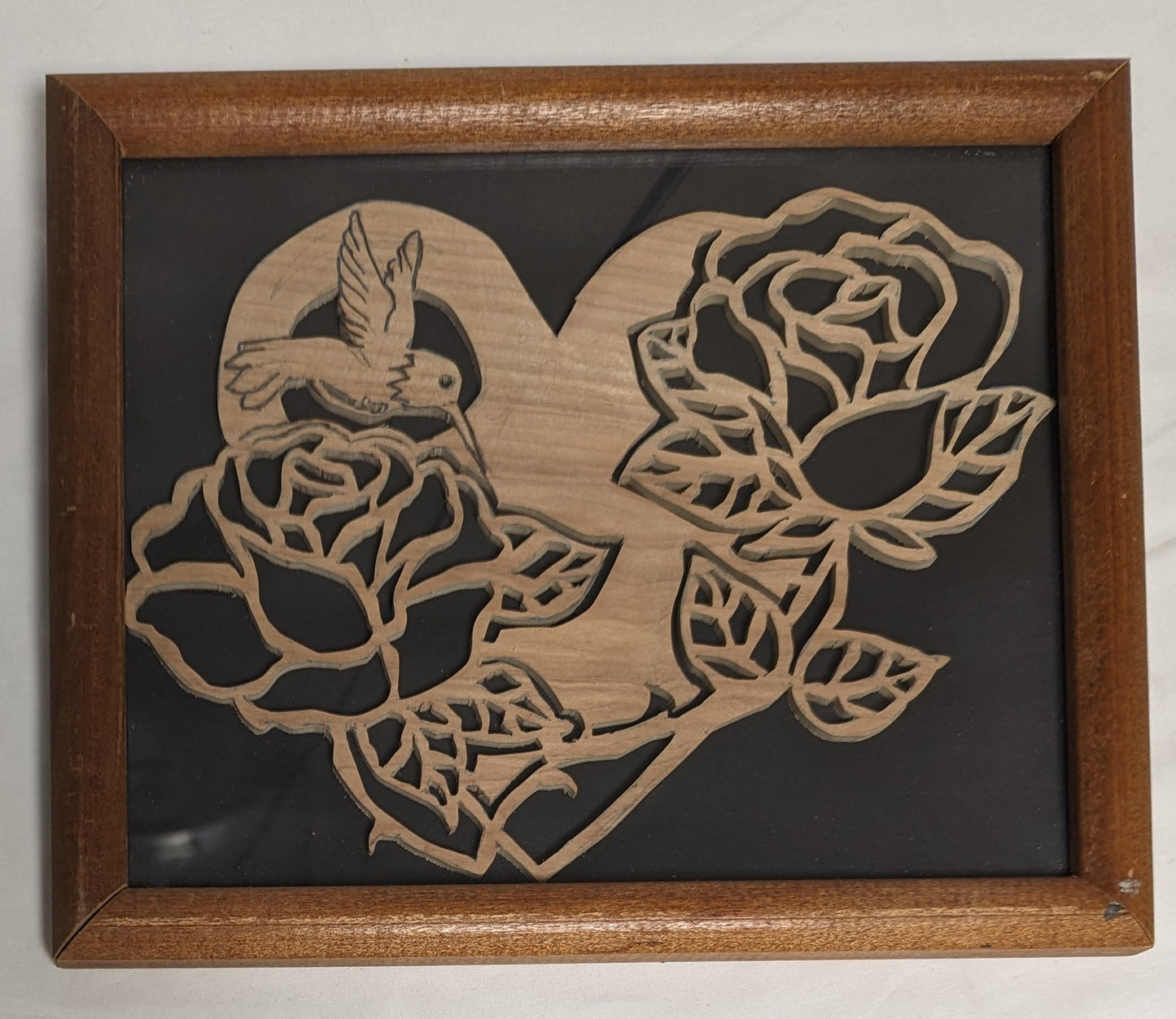 Art Vintage Scroll Saw Cutout"Hummingbird on Rose over Heart " Framed