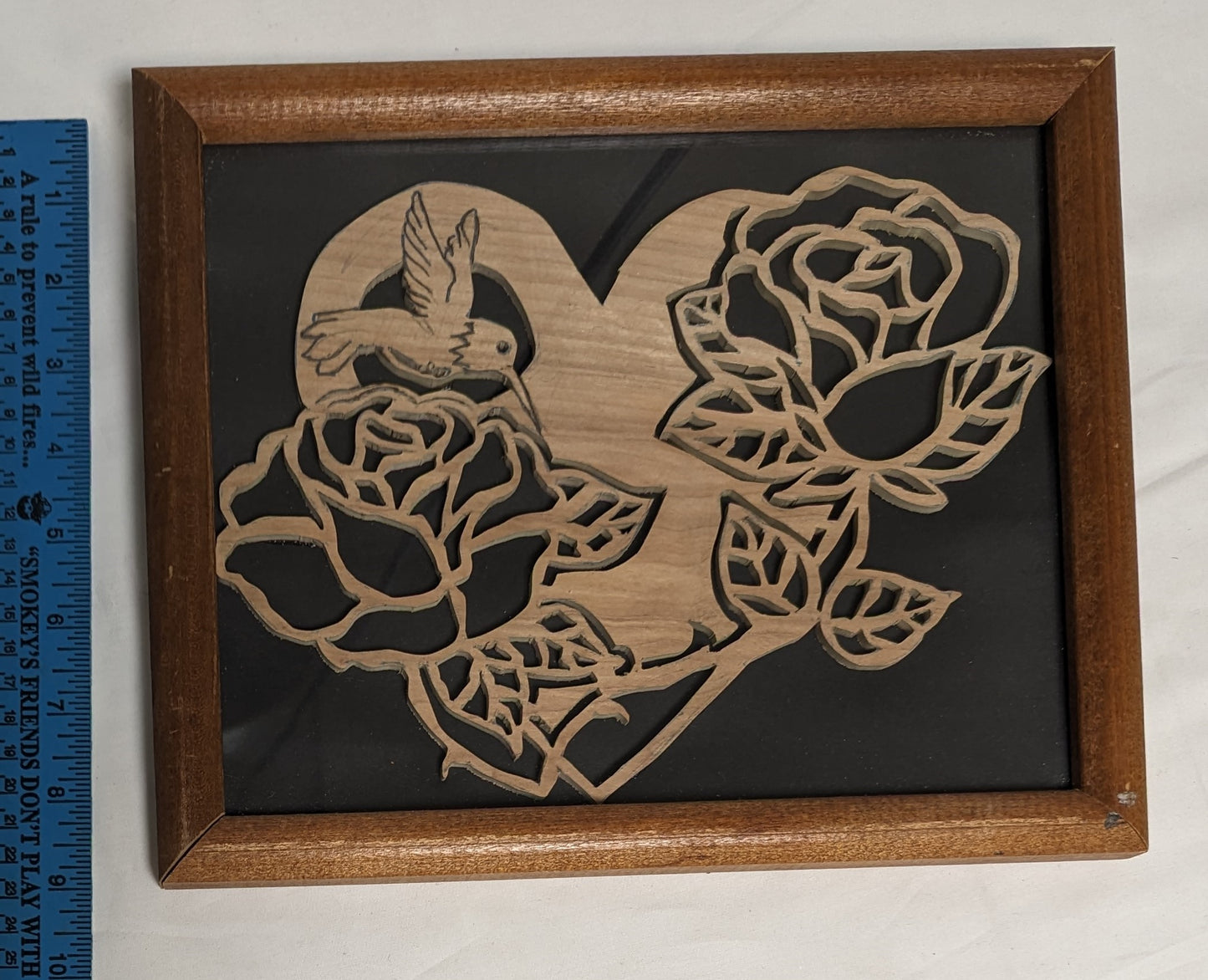 Art Vintage Scroll Saw Cutout"Hummingbird on Rose over Heart " Framed