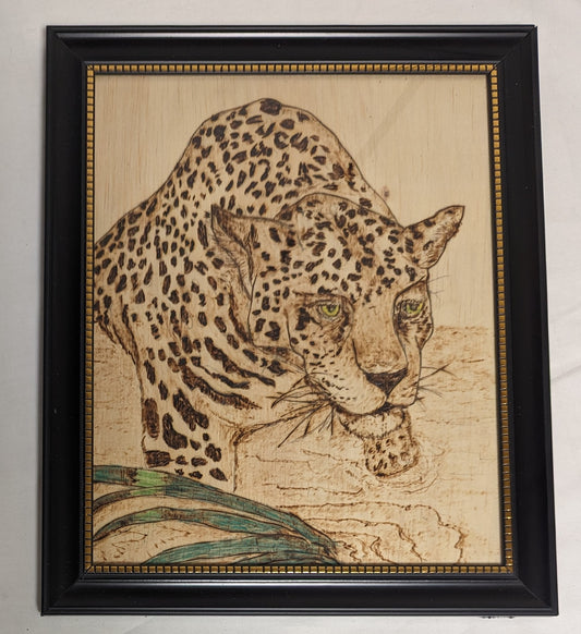 Art Vintage Hand Pyrography Colored " Leopard in Water"  Framed