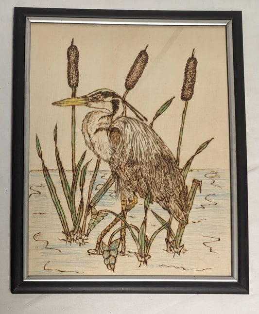 Art Vintage Hand Pyrography Colored " Great Blue Heron "  Framed
