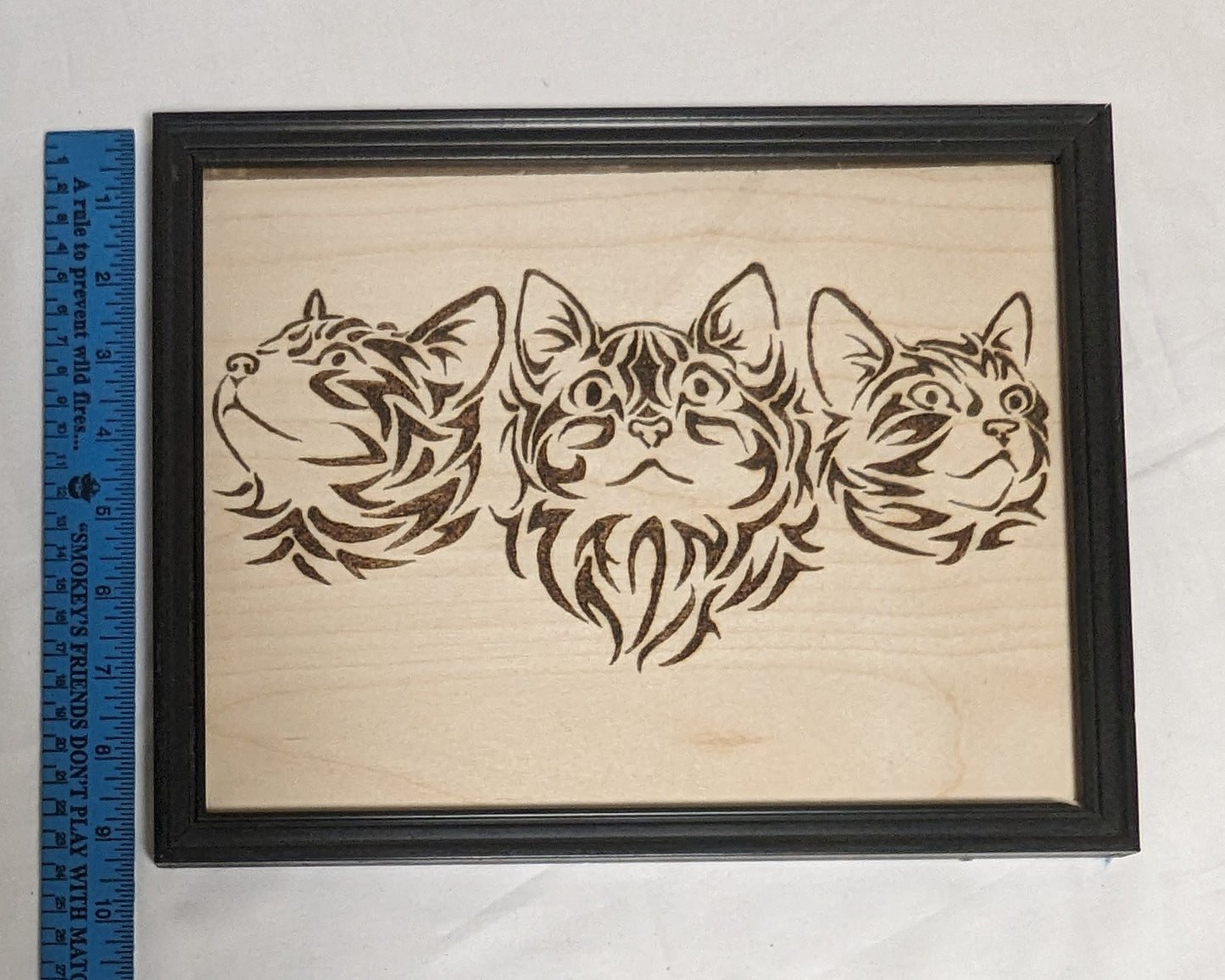 Art Vintage Hand Pyrography " Three Kittens Emblem  "  Framed
