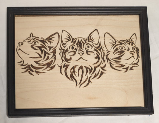 Art Vintage Hand Pyrography " Three Kittens Emblem  "  Framed