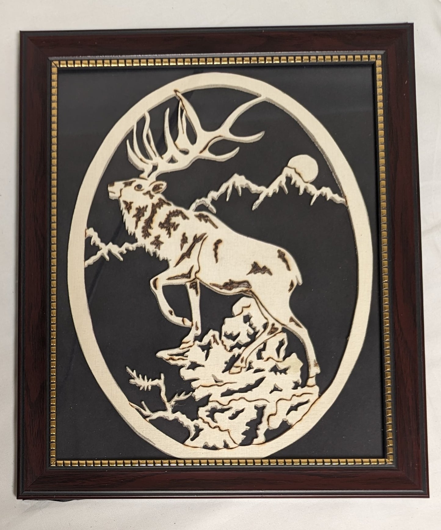 Art Vintage Hand Scroll Saw Cut Out and wood burned "Sunrise Elk "   Framed emblem