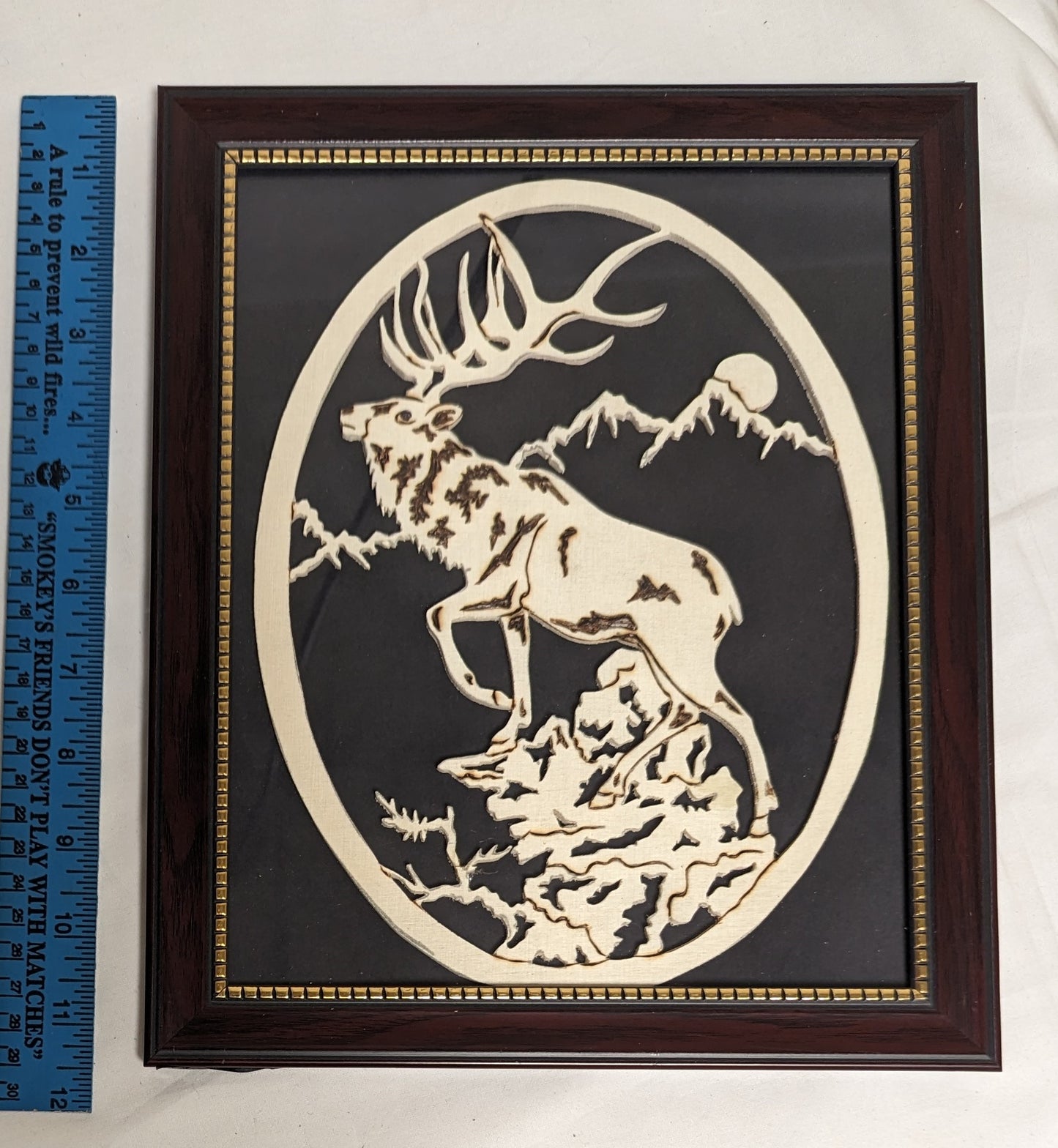 Art Vintage Hand Scroll Saw Cut Out and wood burned "Sunrise Elk "   Framed emblem