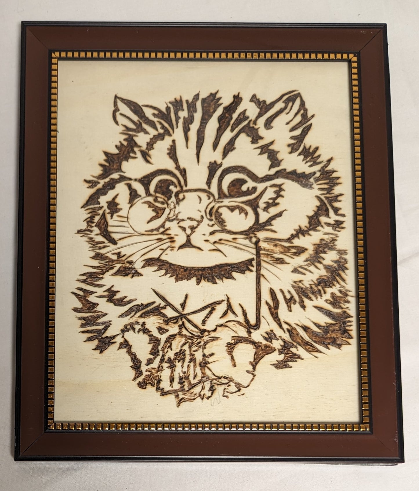 Art Vintage Hand Pyrography " Cute Kitten"   Framed