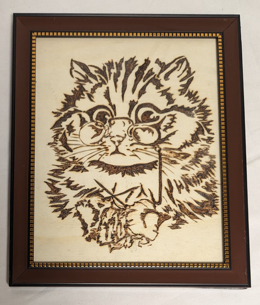 Art Vintage Hand Pyrography " Cute Kitten"   Framed