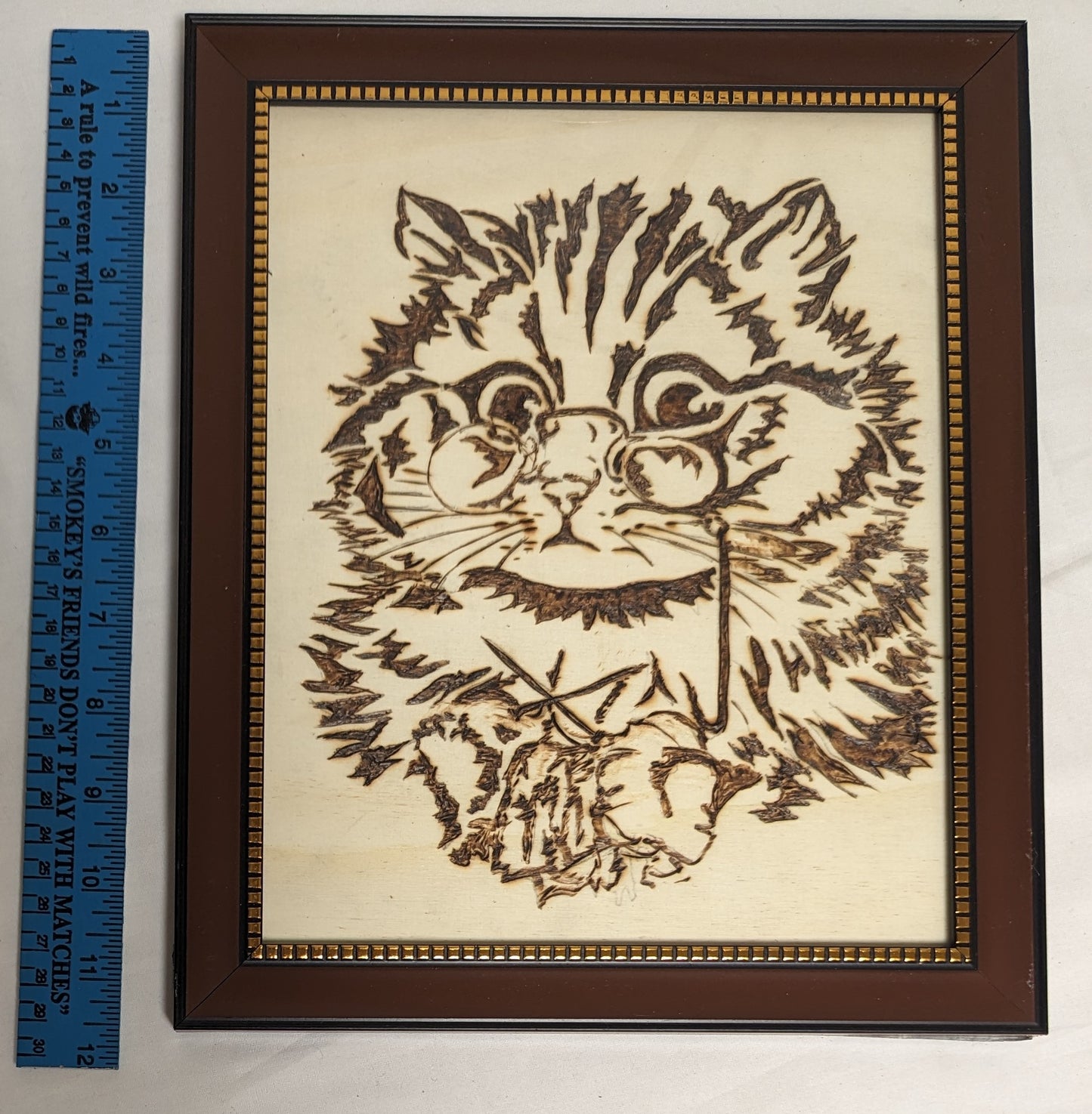 Art Vintage Hand Pyrography " Cute Kitten"   Framed