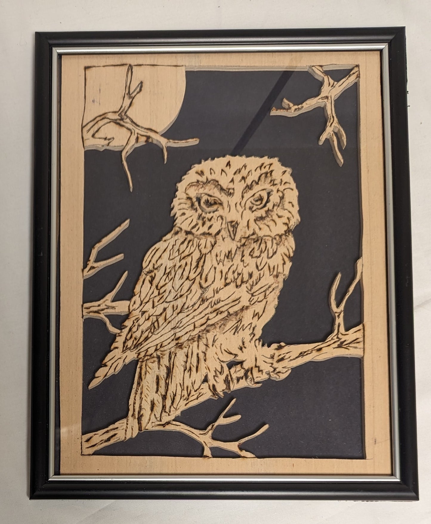 Art Vintage Hand Pyrography on Scroll cut wood " Owl"   Framed