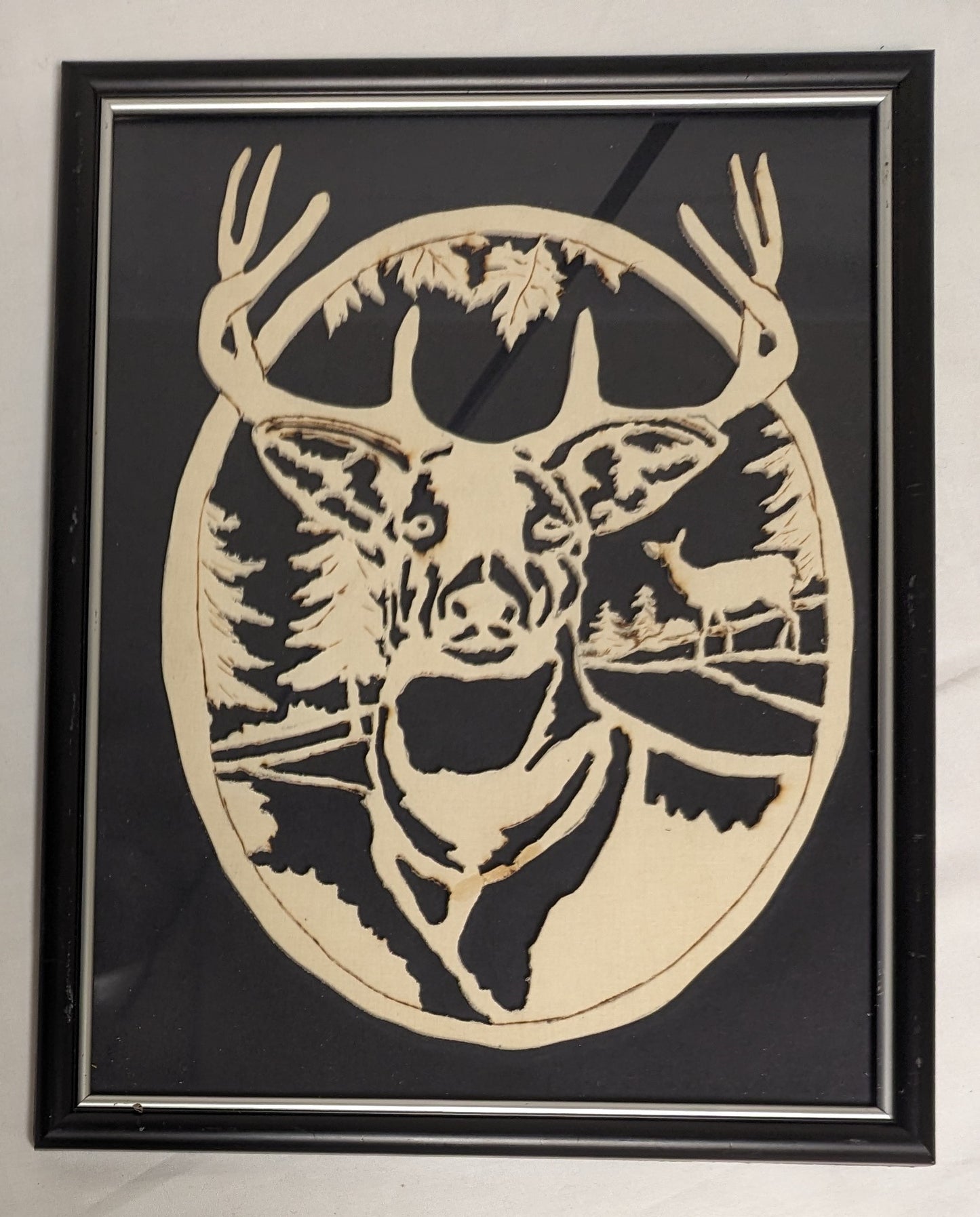 Art Vintage Hand Scroll Saw Cut Out and wood burned " Deer Face "   Framed