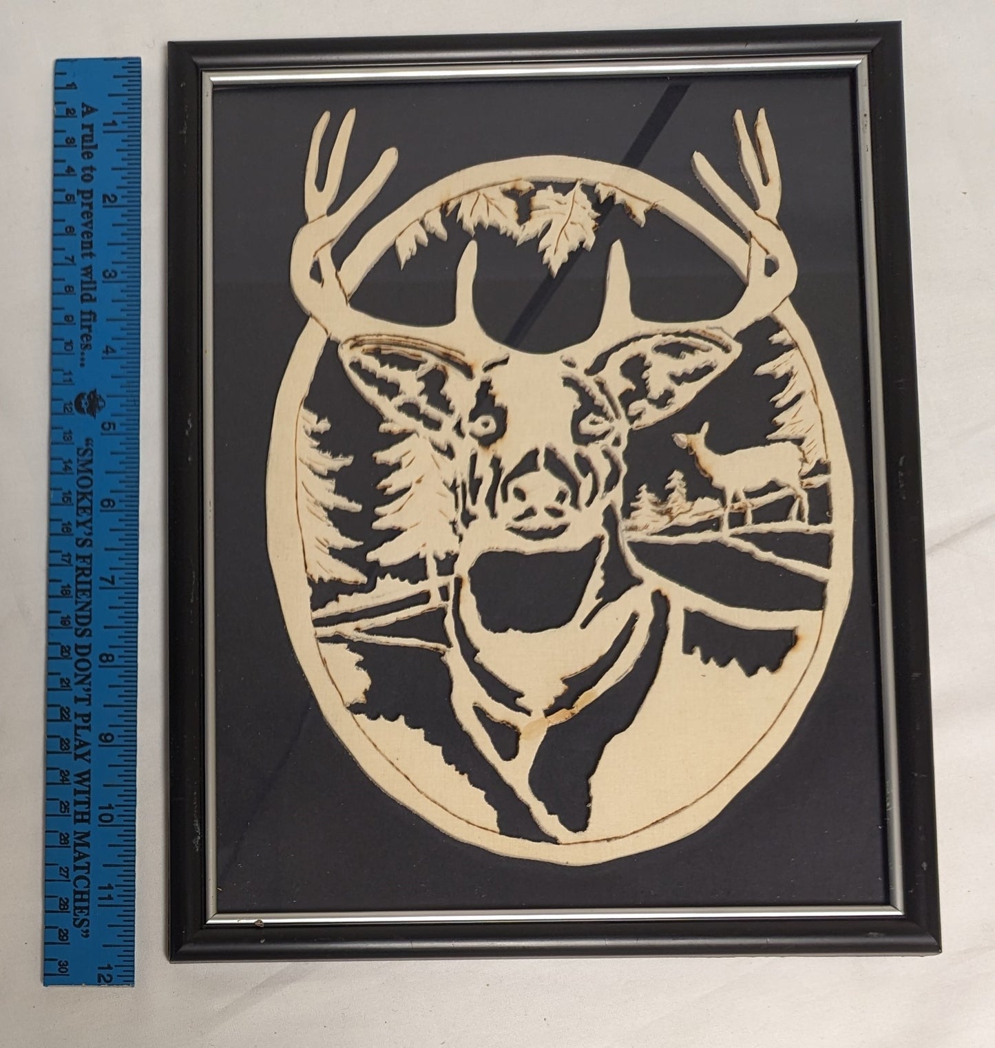 Art Vintage Hand Scroll Saw Cut Out and wood burned " Deer Face "   Framed