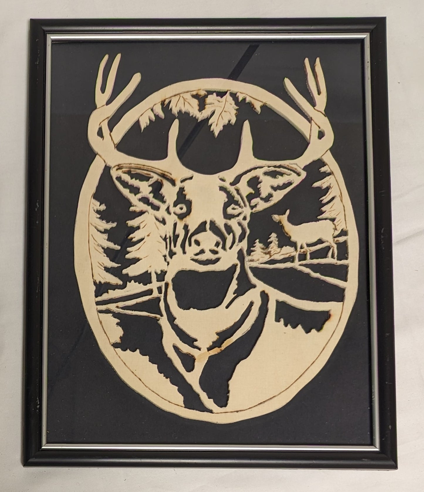 Art Vintage Hand Scroll Saw Cut Out and wood burned " Deer Face "   Framed