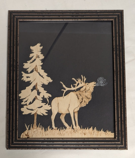 Art Vintage Hand Scroll Saw Cut Out and wood burned " Elk Bugle "   Framed