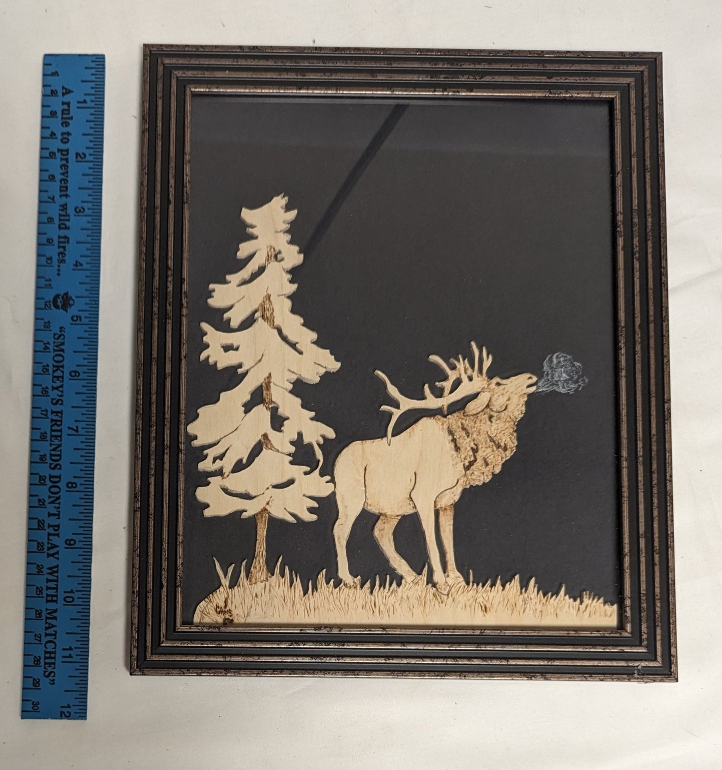 Art Vintage Hand Scroll Saw Cut Out and wood burned " Elk Bugle "   Framed