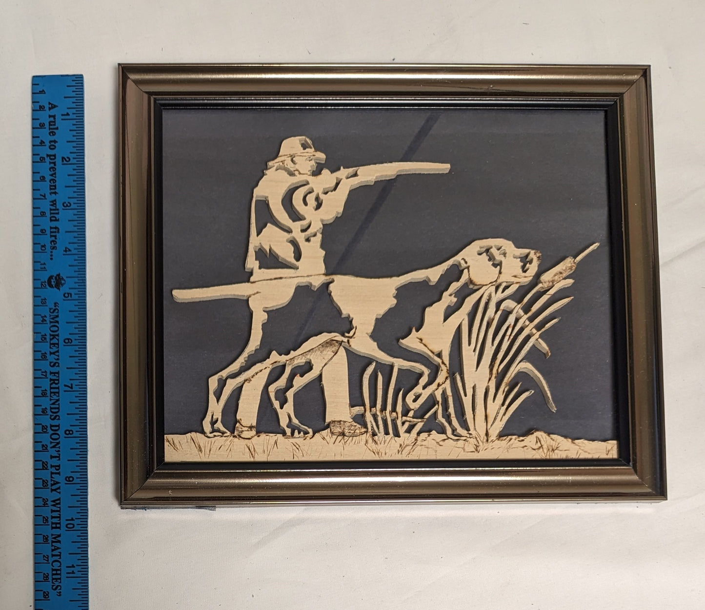 Art Vintage Hand Scroll Saw Cut Out and wood burned " Hunter and Pointer "   Framed