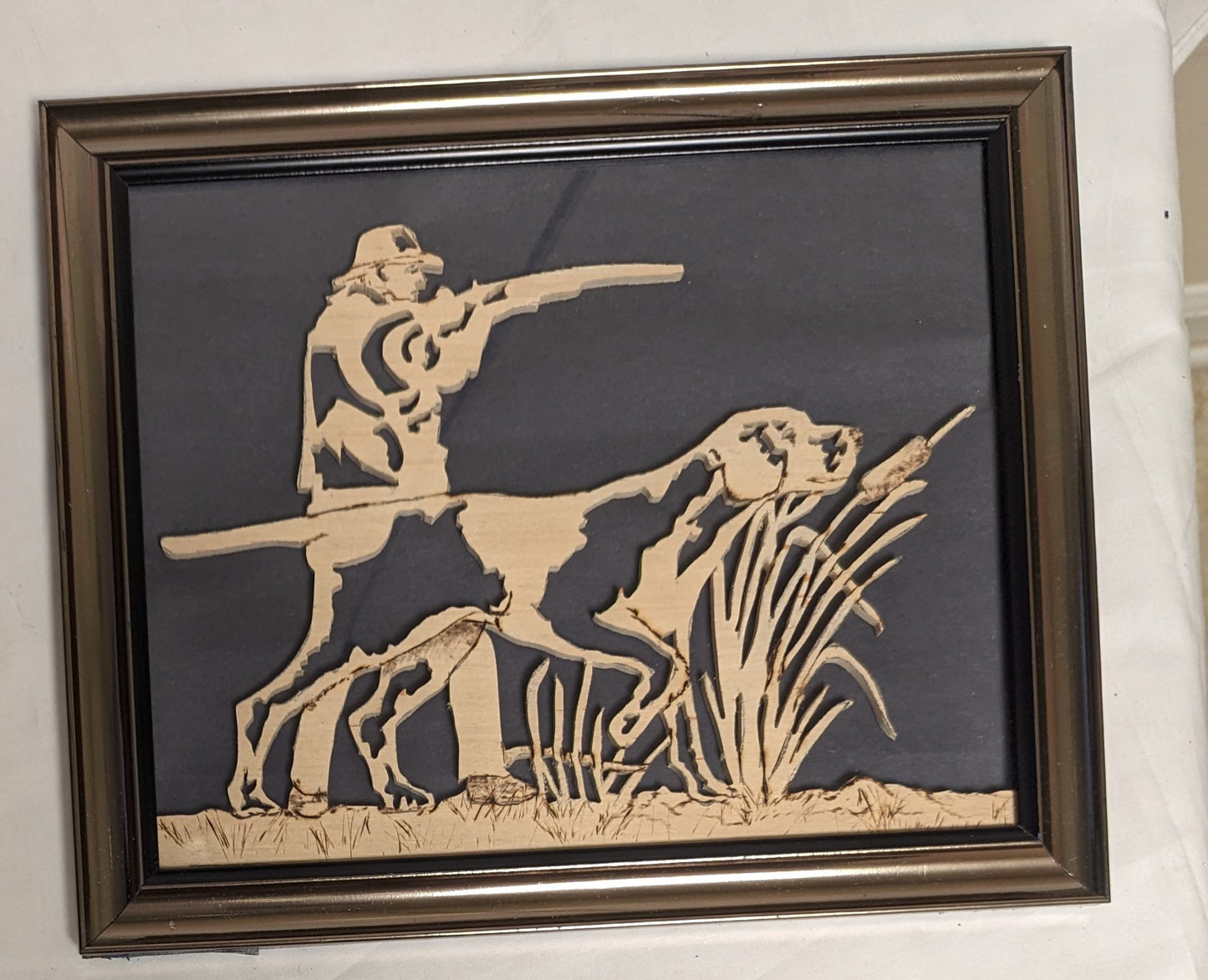 Art Vintage Hand Scroll Saw Cut Out and wood burned " Hunter and Pointer "   Framed